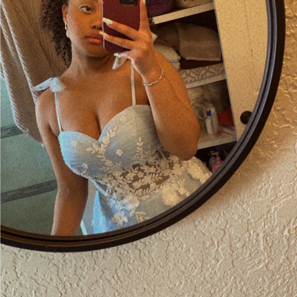 Beautiful baby blue Prom dress with white beading and floral detailing. Large.